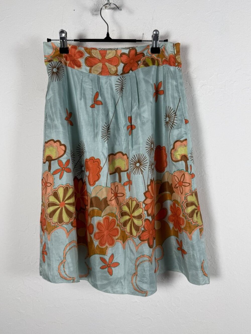 Massimo Dutti Blue Floral 100% Silk A-Line Midi Skirt Size 36/26 Pleated Retro